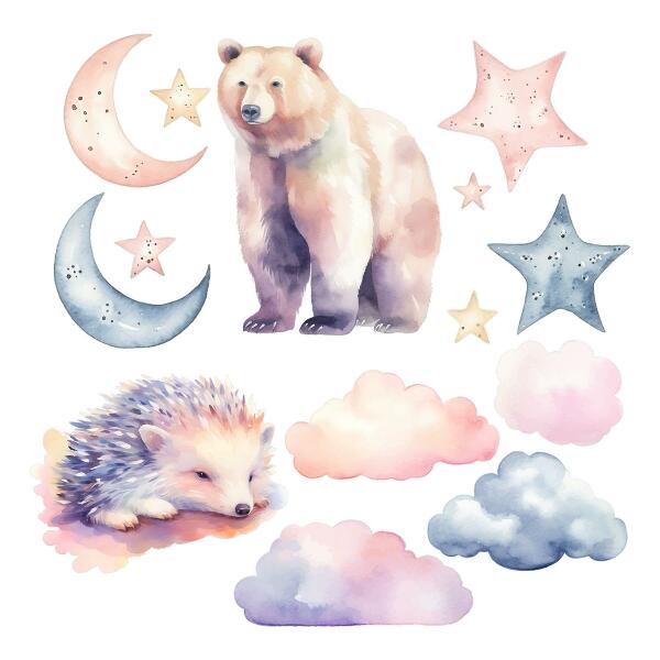 Wandsticker 60x107 Niedliche Tiere unter dem Nachthimmel im Aquarellstil