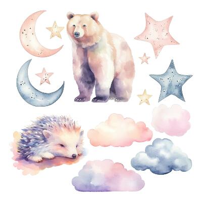 Wandsticker 60x107 Niedliche Tiere unter dem Nachthimmel im Aquarellstil