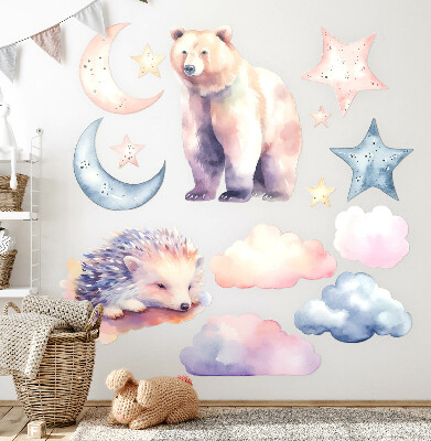 Wandsticker 60x107 Niedliche Tiere unter dem Nachthimmel im Aquarellstil
