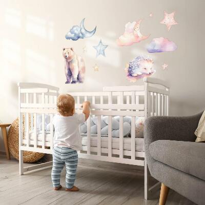 Wandsticker 60x107 Niedliche Tiere unter dem Nachthimmel im Aquarellstil
