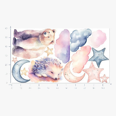 Wandsticker 60x107 Niedliche Tiere unter dem Nachthimmel im Aquarellstil
