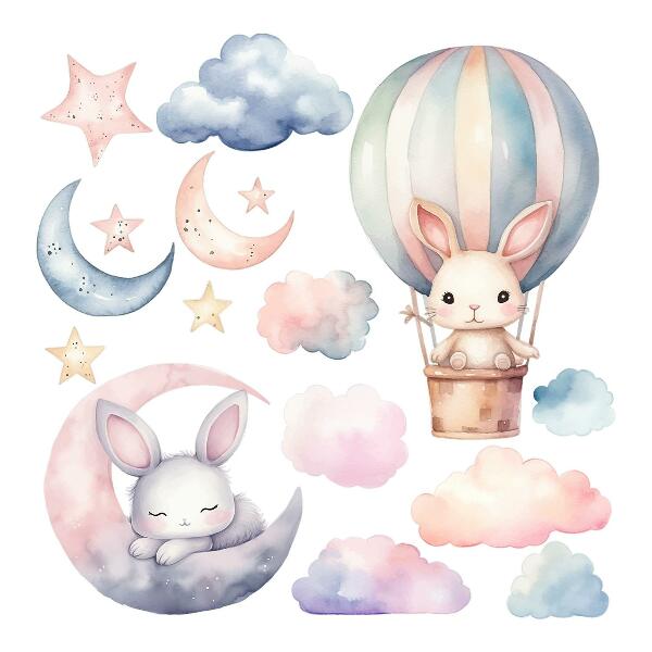 Wandsticker 60x80 Kaninchen im pastellfarbenen Himmel mit Ballon in der Nacht