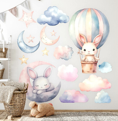 Wandsticker 60x80 Kaninchen im pastellfarbenen Himmel mit Ballon in der Nacht
