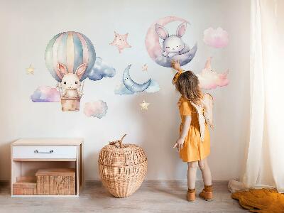 Wandsticker 60x80 Kaninchen im pastellfarbenen Himmel mit Ballon in der Nacht