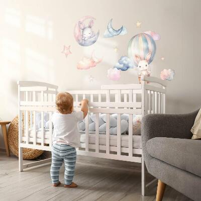 Wandsticker 60x80 Kaninchen im pastellfarbenen Himmel mit Ballon in der Nacht