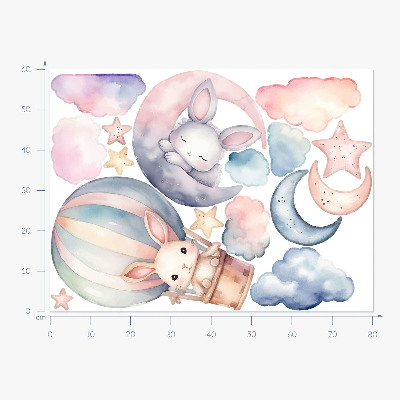 Wandsticker 60x80 Kaninchen im pastellfarbenen Himmel mit Ballon in der Nacht