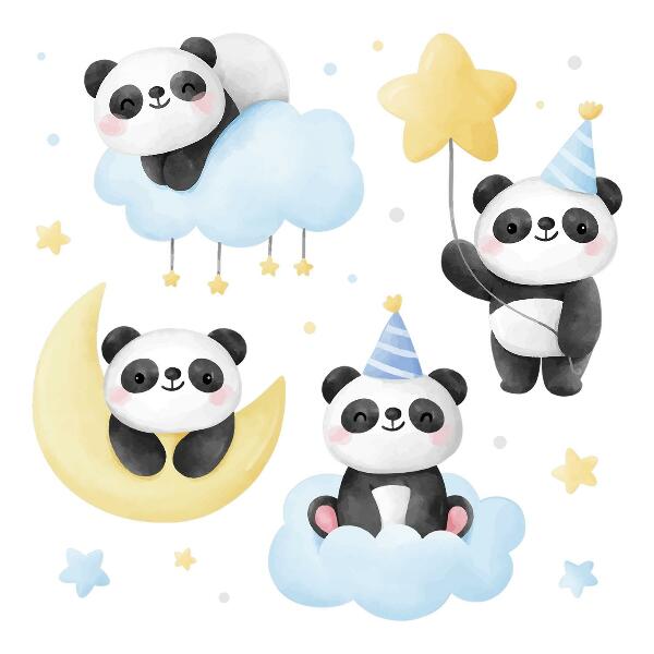 Wandsticker 60x84 Niedliche Pandas auf einem pastellfarbenen Himmel in Aquarell