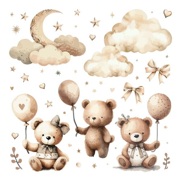 Wandsticker 60x89 Beige Teddybären in den Wolken mit Boho-Luftballons