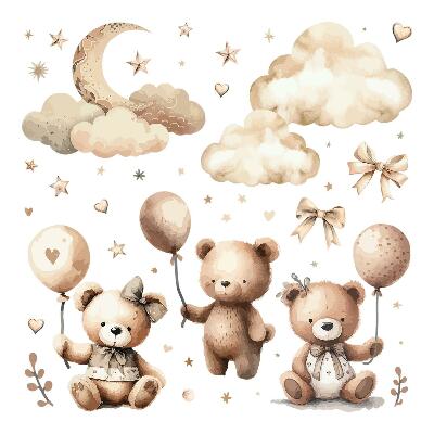 Wandsticker 60x89 Beige Teddybären in den Wolken mit Boho-Luftballons