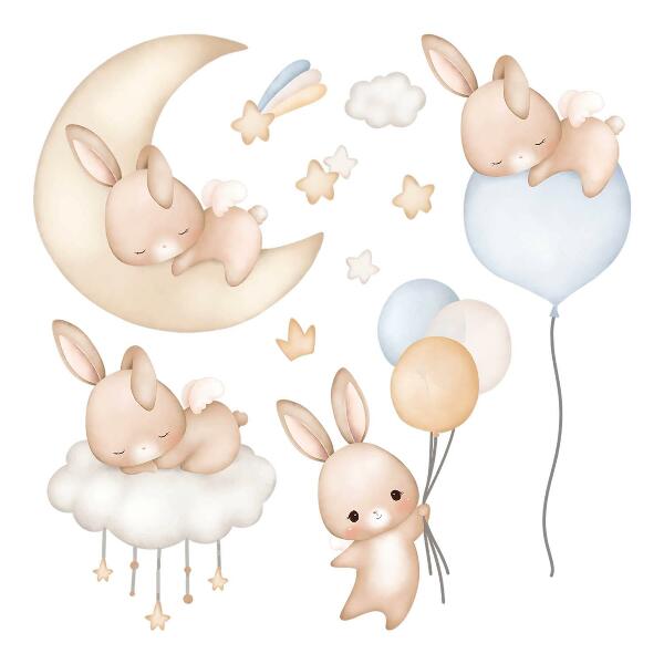 Wandsticker 60x53 Aquarellhasen mit Luftballons am Nachthimmel