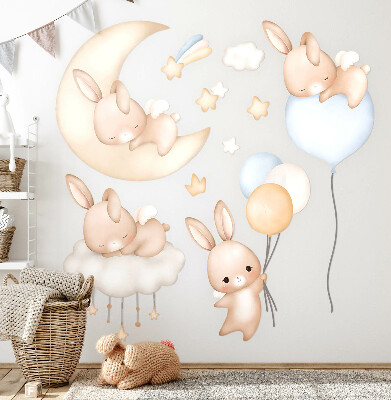 Wandsticker 60x53 Aquarellhasen mit Luftballons am Nachthimmel