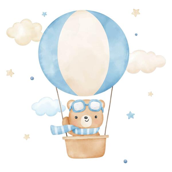 Wandsticker 60x91 Kleiner Teddybär in einem Ballon im Wolken-Aquarell-Pastell