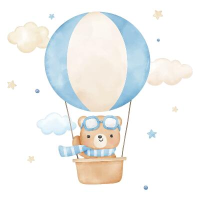 Wandsticker 60x91 Kleiner Teddybär in einem Ballon im Wolken-Aquarell-Pastell