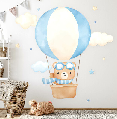 Wandsticker 60x91 Kleiner Teddybär in einem Ballon im Wolken-Aquarell-Pastell