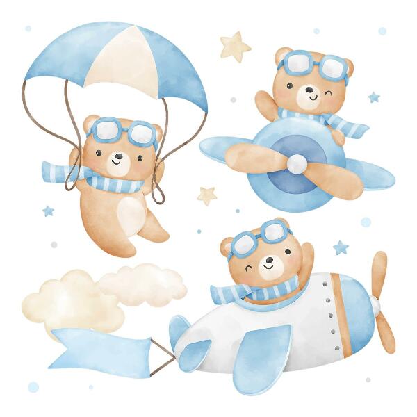 Wandsticker 60x94 Niedliche Teddybären in einem pastellfarbenen Aquarellhimmel