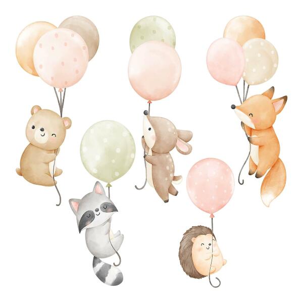 Wandsticker 60x93 Entzückende Tiere, die in Aquarellballons schweben