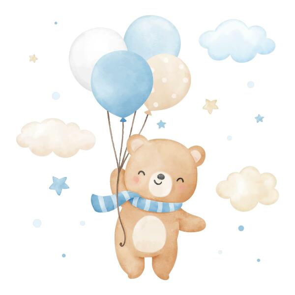 Wandsticker 60x86 Niedlicher Teddybär mit Luftballons in den Wolken, Pastell-Aquarell