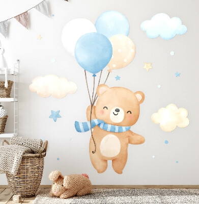 Wandsticker 60x86 Niedlicher Teddybär mit Luftballons in den Wolken, Pastell-Aquarell