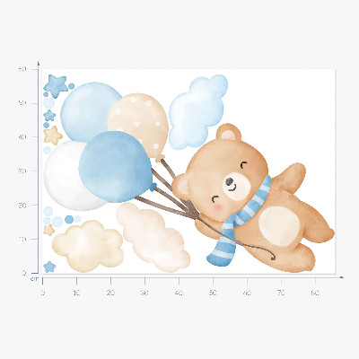 Wandsticker 60x86 Niedlicher Teddybär mit Luftballons in den Wolken, Pastell-Aquarell