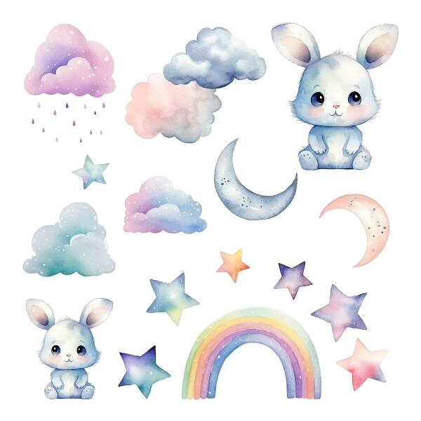 Wandsticker 60x80 Hasen in einem pastellfarbenen Himmel mit Regenbogen und Sternen