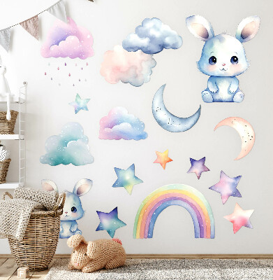 Wandsticker 60x80 Hasen in einem pastellfarbenen Himmel mit Regenbogen und Sternen