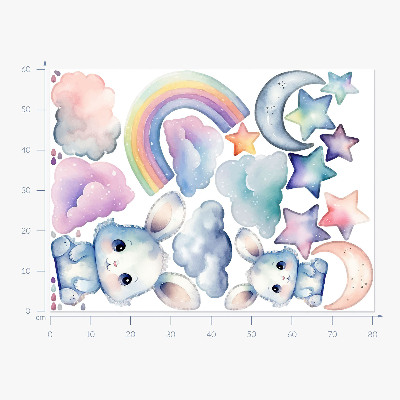 Wandsticker 60x80 Hasen in einem pastellfarbenen Himmel mit Regenbogen und Sternen