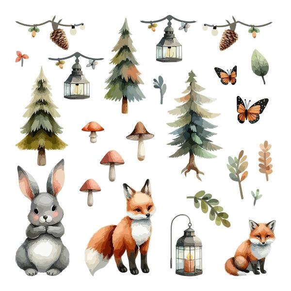 Wandsticker 60x65 Tiere und Pflanzen in pastellfarbenem Boho-Aquarell