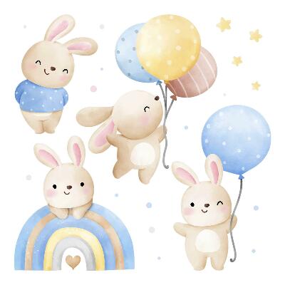 Wandsticker 60x94 Hasen mit Luftballons in einem pastellfarbenen Regenbogen