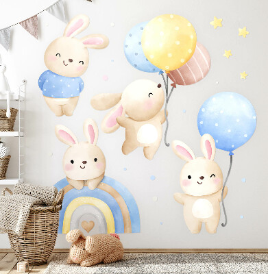 Wandsticker 60x94 Hasen mit Luftballons in einem pastellfarbenen Regenbogen