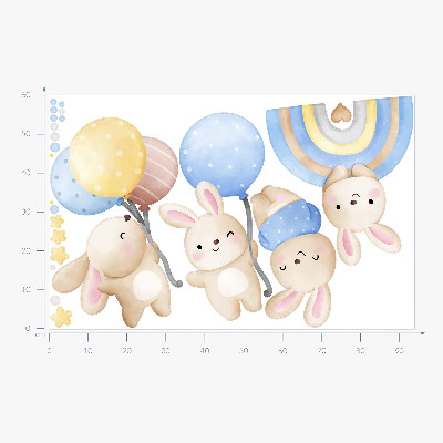 Wandsticker 60x94 Hasen mit Luftballons in einem pastellfarbenen Regenbogen