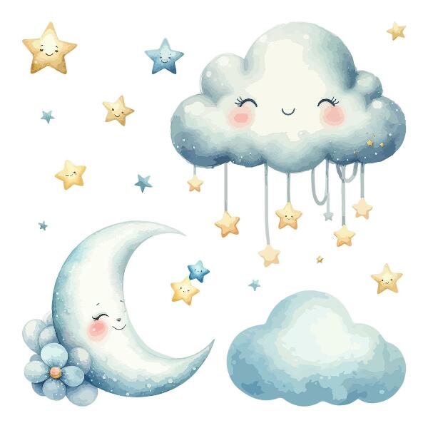 Wandsticker 60x60 Pastellwolken mit Mond und Sternen