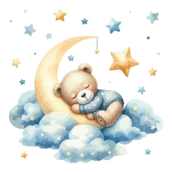 Wandsticker 60x57 Niedlicher Teddybär auf dem Mond in den Wolken und Sternen