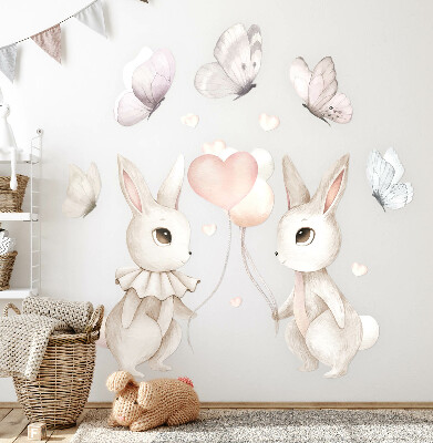 Wandsticker 60x76 Hasen mit Luftballons im Boho-Pastellstil