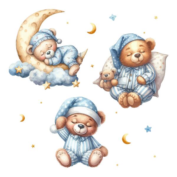 Wandsticker 60x103 Teddybären im Weltraum-Aquarell-Pastellhimmel