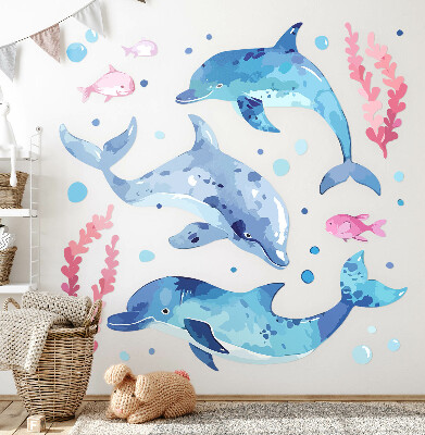 Wandaufkleber 60x93 Blaue Delfine in einer pastellfarbenen Unterwasserlandschaft
