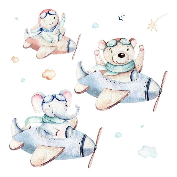 Wandaufkleber 60x92 Elefanten-Teddybär und Junge in Pastellfarben