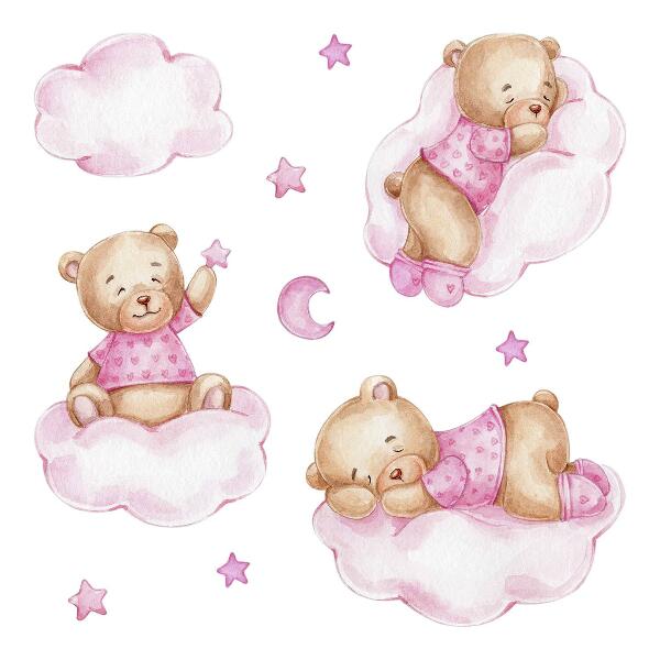 Wandaufkleber 60x87 Süße Teddybären auf Wolken in Aquarellpastellen