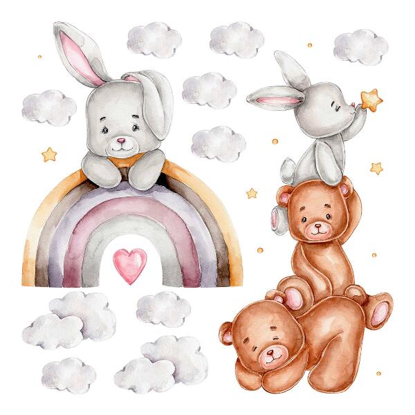 Wandaufkleber 60x101 Pastell-Teddybären und Hasen in Aquarell
