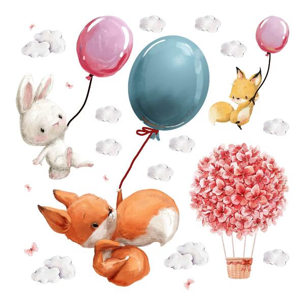 Wandaufkleber 60x76 Niedliche Tiere mit Luftballons am pastellfarbenen Himmel