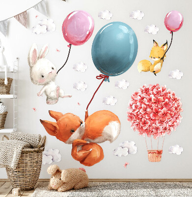 Wandaufkleber 60x76 Niedliche Tiere mit Luftballons am pastellfarbenen Himmel