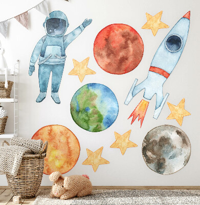 Wandaufkleber 60x107 Weltraumplaneten mit Astronauten und Aquarellrakete