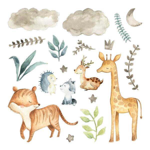 Wandaufkleber 60x101 Tiere und Pflanzen im zarten Pastell-Aquarell-Stil