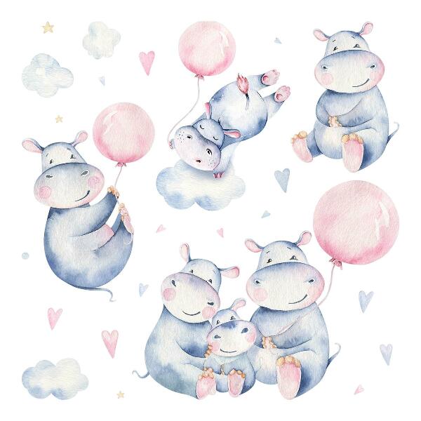 Wandaufkleber 60x102 Nilpferdfamilie mit Luftballons und Pastellwolken
