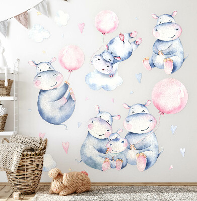Wandaufkleber 60x102 Nilpferdfamilie mit Luftballons und Pastellwolken