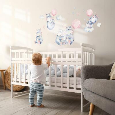 Wandaufkleber 60x102 Nilpferdfamilie mit Luftballons und Pastellwolken