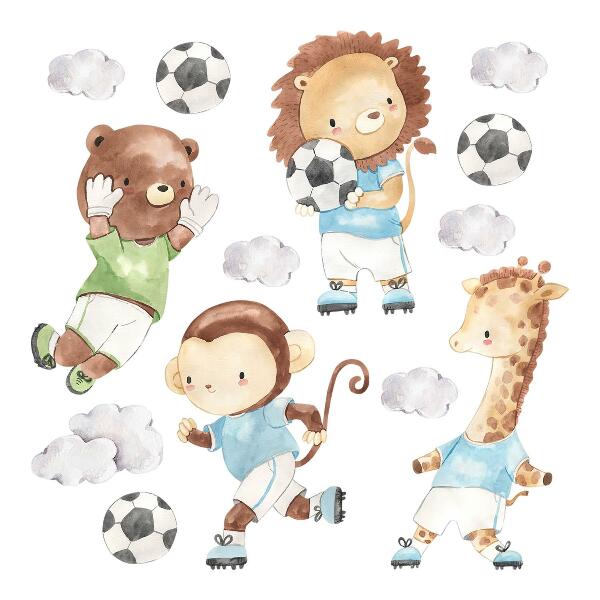 Wandaufkleber 60x87 Sporttiere mit Ball im Aquarellstil