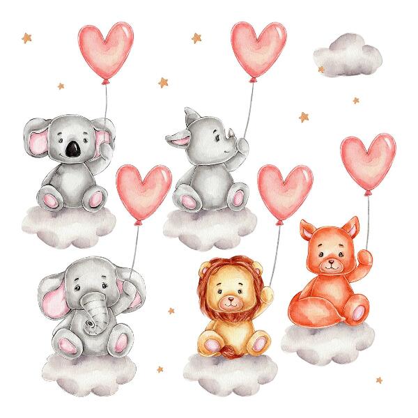 Wandaufkleber 60x90 Niedliche Tiere auf Wolken mit pastellfarbenen Luftballons