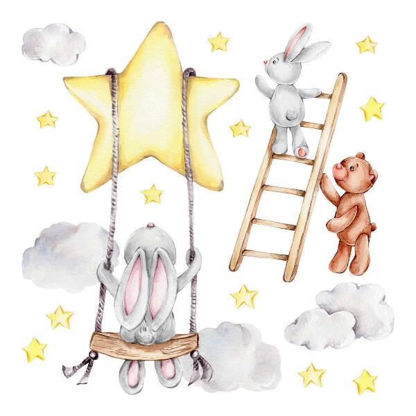 Wandaufkleber 60x92 Pastellfarbene Aquarelltiere und Wolken