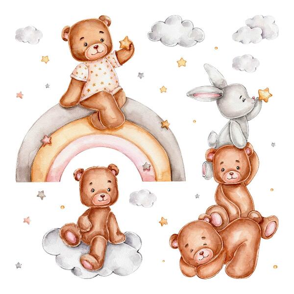 Wandaufkleber 60x87 Teddybären und ein Kaninchen in einem pastellfarbenen Regenbogen und Wolken