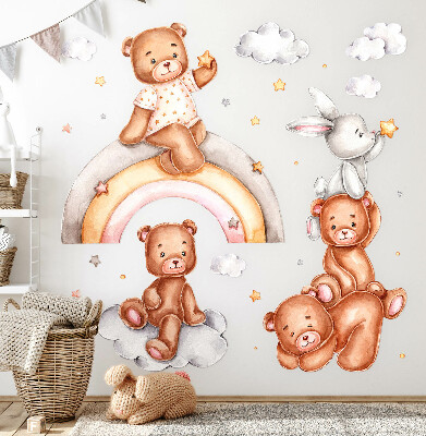 Wandaufkleber 60x87 Teddybären und ein Kaninchen in einem pastellfarbenen Regenbogen und Wolken